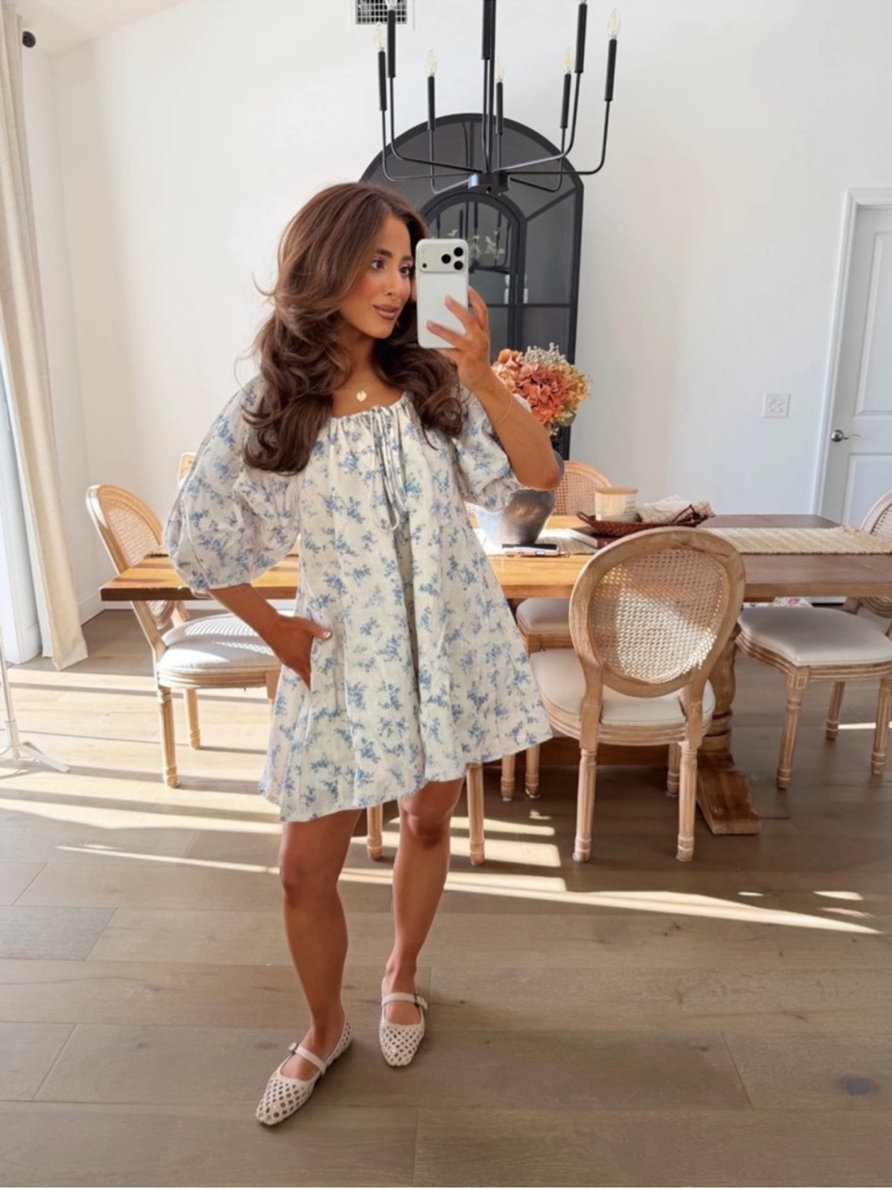 NWT Promesa Women’s L Grey and Blue Floral Puff-Sleeve Oversized Romper
